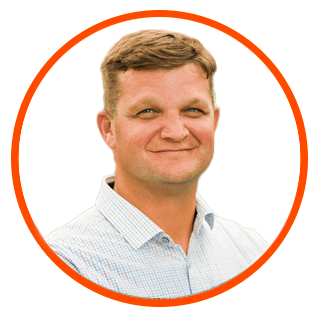 Jake Van Wingerden, expert in cannabis lighting, smiles; orange border.