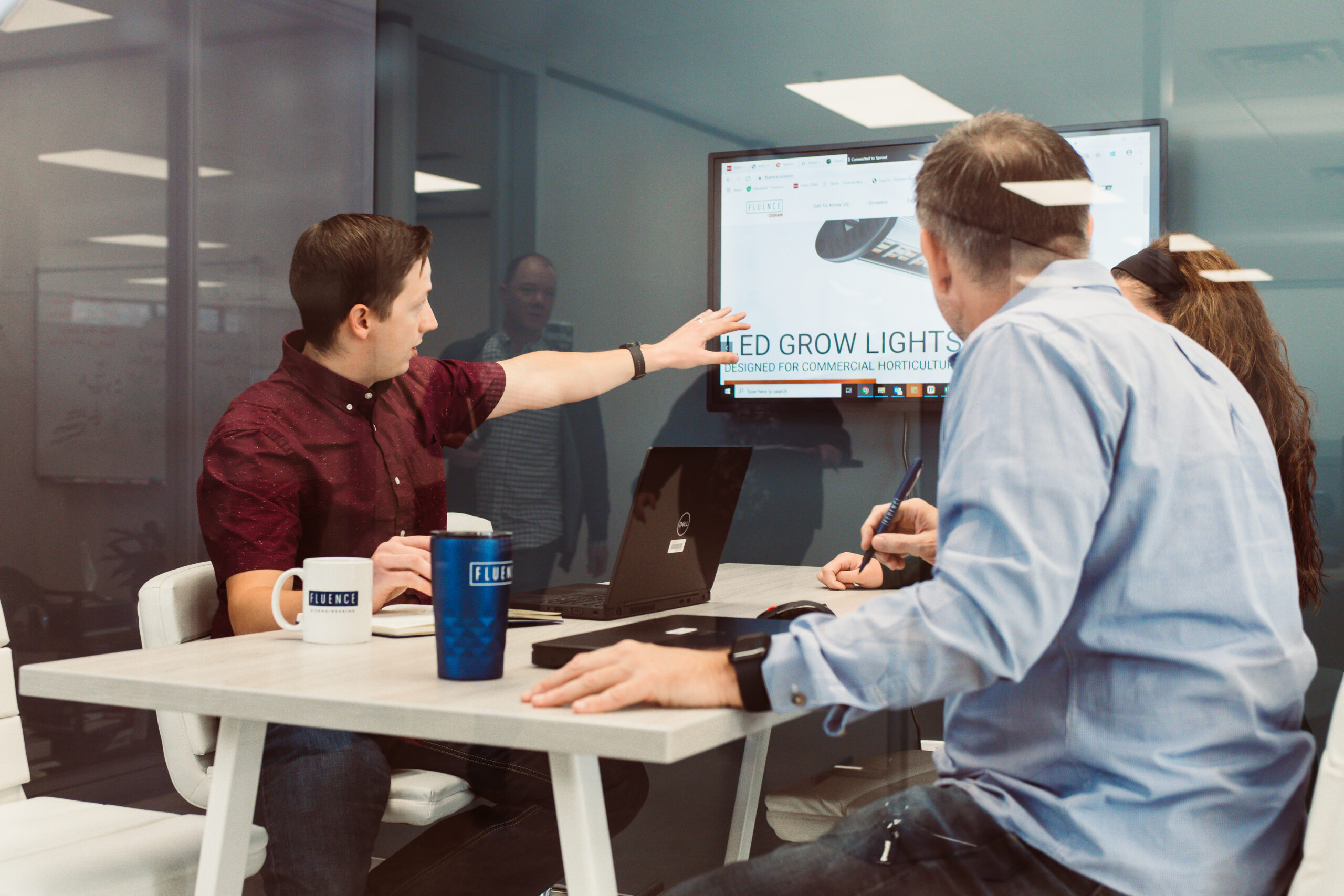 Team discusses LED grow lights for cannabis and commercial cultivation technology.