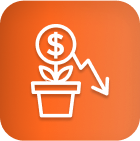 White icon of cannabis plant, dollar sign, and down arrow; LED grow lights loss.