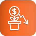 White icon of cannabis plant, dollar sign, and down arrow; LED grow lights loss.