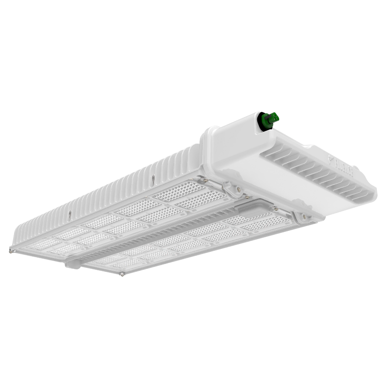 Rectangular LED grow light for commercial cannabis cultivation with green connector.