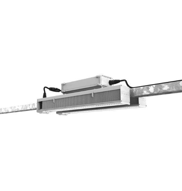 Commercial LED grow light for cannabis cultivation with mounted power supply.
