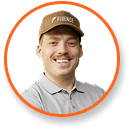 Smiling man in brown cap and gray polo, orange border; cannabis LED grow lights expert.