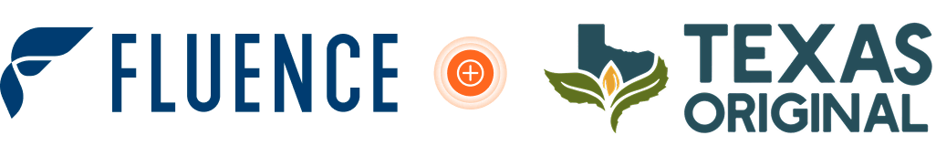 Fluence and Texas Original logos side by side, orange icon, cannabis grow lighting technology.