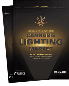 Magazine cover: "2025 State of the Cannabis Lighting Market" with gold leaf, LED grow lights for cannabis, commercial cannabis cultivation trends.