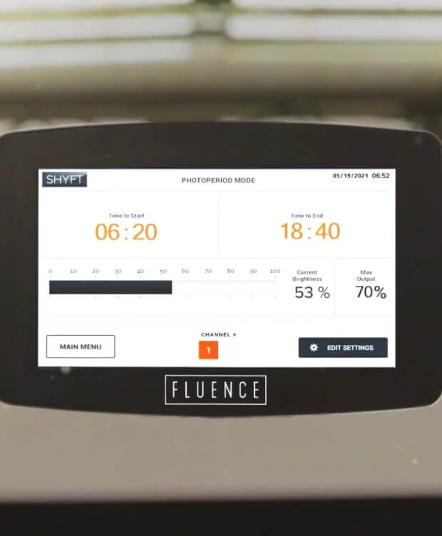 SHYFT control panel showing cannabis lighting schedule for LED grow lights: 06:20–18:40, 53% brightness, 70% max output.