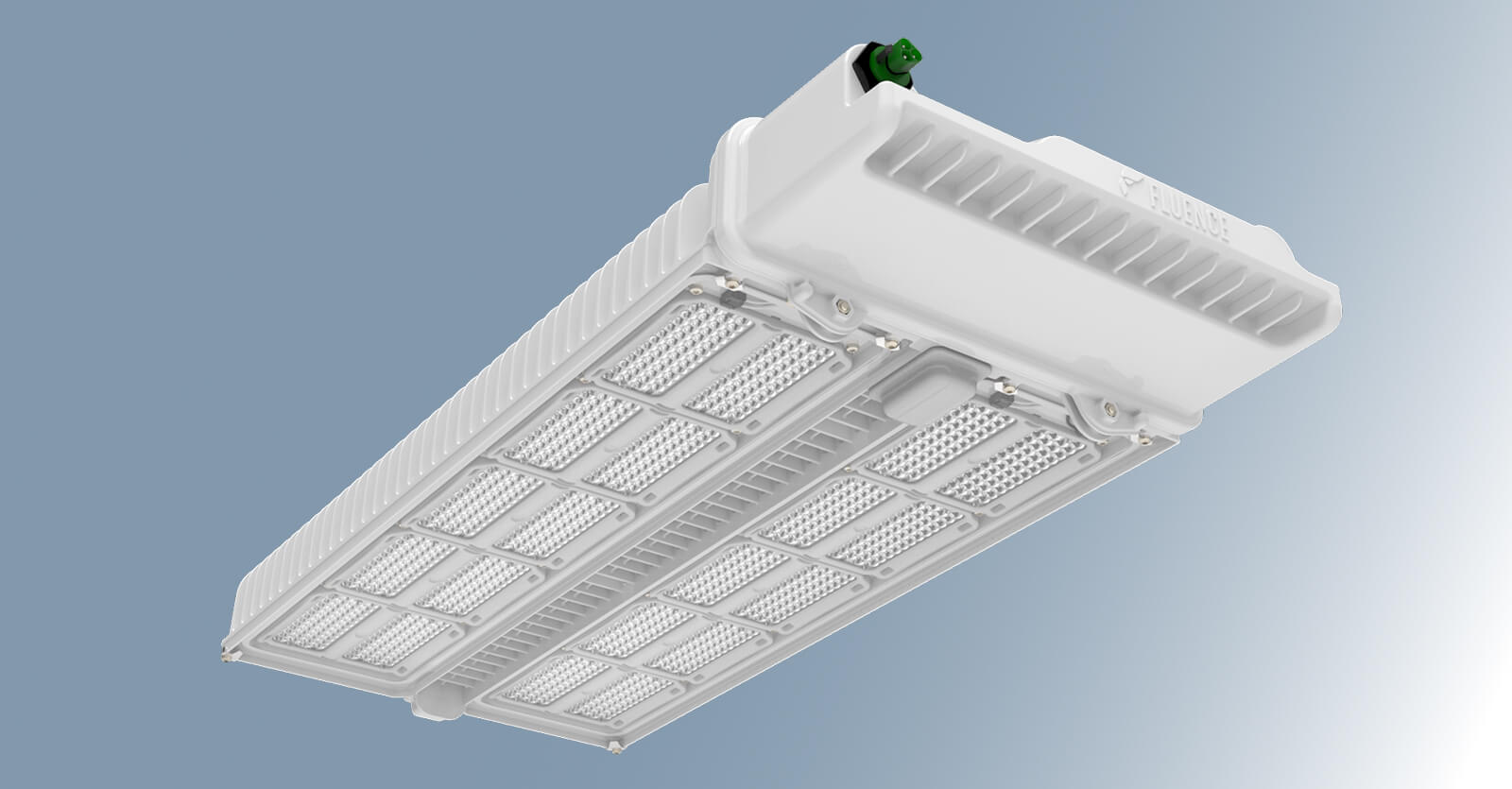 Rectangular LED grow light fixture for cannabis, advanced Fluence cannabis lighting technology, ideal for commercial cannabis cultivation.