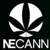 White geometric flower above "NECANN" on black, symbolizing cannabis lighting technology.