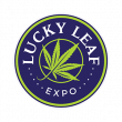 Circular logo with "Lucky Leaf Expo," stylized cannabis leaf, cannabis grow lights, and cultivation technology background.