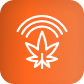 White cannabis leaf under Wi-Fi arcs, symbolizing LED grow lights for cannabis on orange.