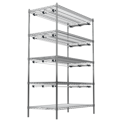 Five-shelf metal rack for commercial cannabis cultivation and LED grow lights.
