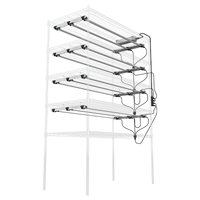 Five-tier shelving with LED grow lights for commercial cannabis cultivation.