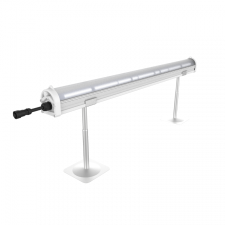 Motorized pool cover roller with legs, shown beside LED grow lights for cannabis.