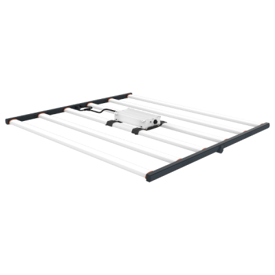 - SPYDR LED grow light with six bars, for commercial cannabis cultivation - Cannabis lighting technology: Rectangular SPYDR LED grow fixture, low angle - Commercial cannabis lighting: Six-bar SPYDR LED grow light on white background - Cannabis cultivation science: SPYDR series LED grow light with control unit.