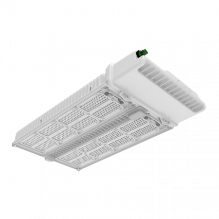 Commercial LED grow light fixture for cannabis cultivation, vented panels shown.