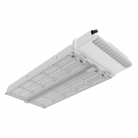 Rectangular LED grow light for cannabis, white body, multi-panel, commercial use.