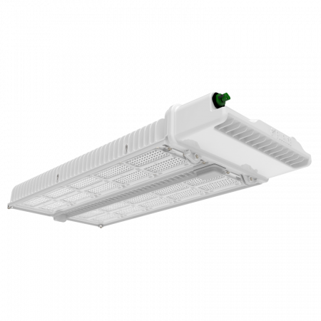 Rectangular LED grow light for commercial cannabis cultivation with green connector.