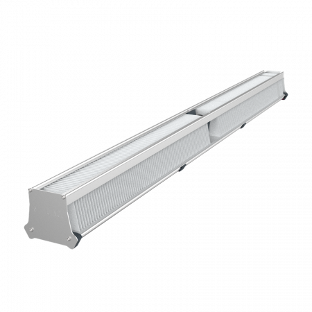 Sleek LED grow light fixture for commercial cannabis cultivation, vented panel design.