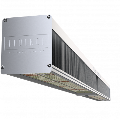 Rectangular FLUENCE LED grow light for commercial cannabis cultivation.