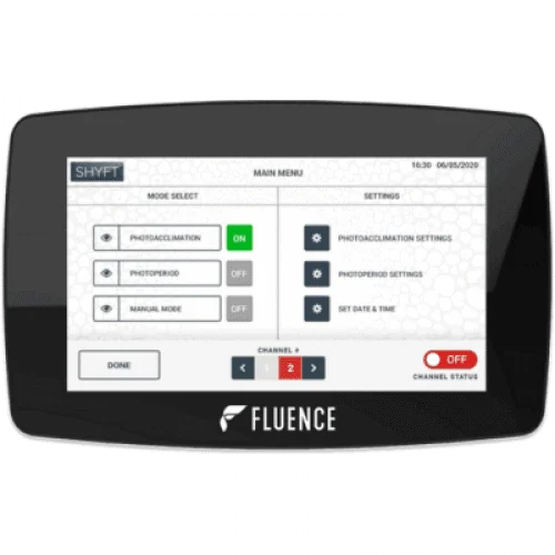 Digital control panel for LED cannabis grow lights with Fluence and SHYFT logos.