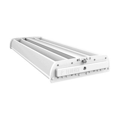 Rectangular LED grow light for cannabis with metallic casing, vented sides.