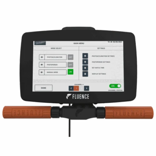 Touchscreen LED grow light control panel for commercial cannabis cultivation.