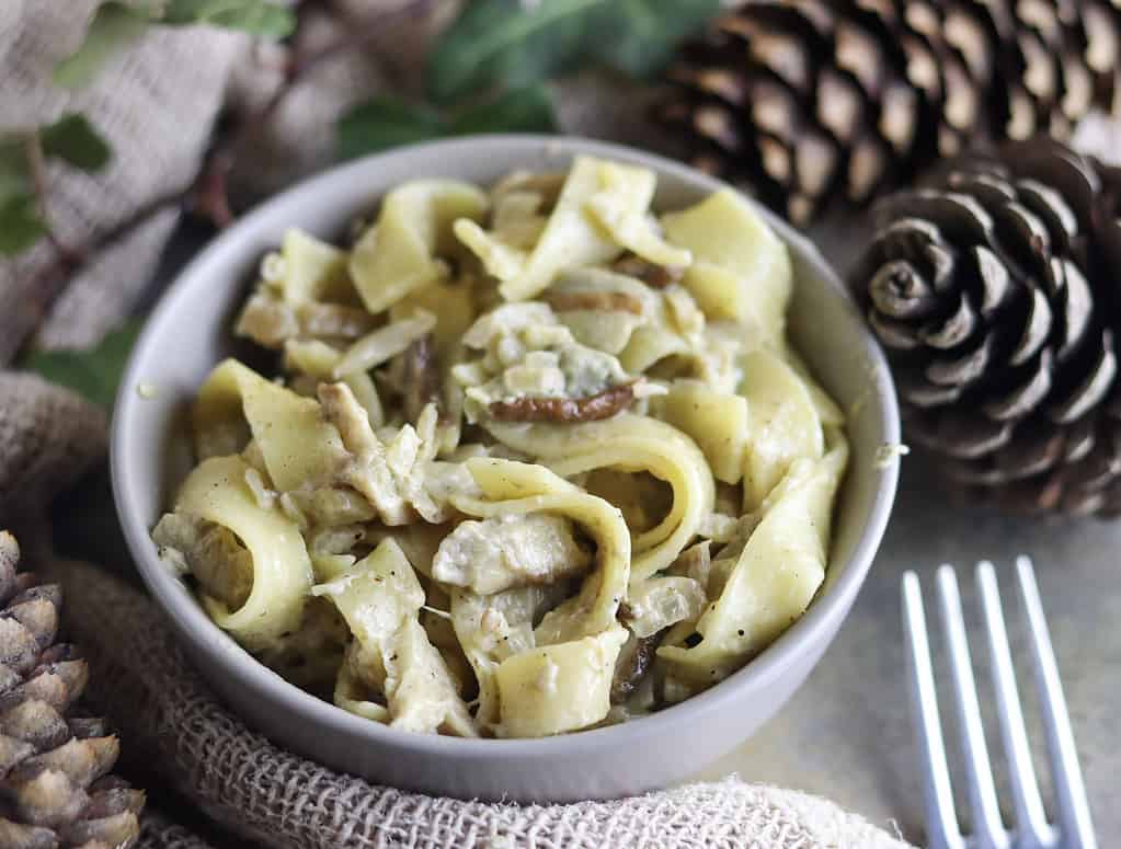 Tagliatelle and porcini mushrooms in a creamy sauce with garlic and parsley.