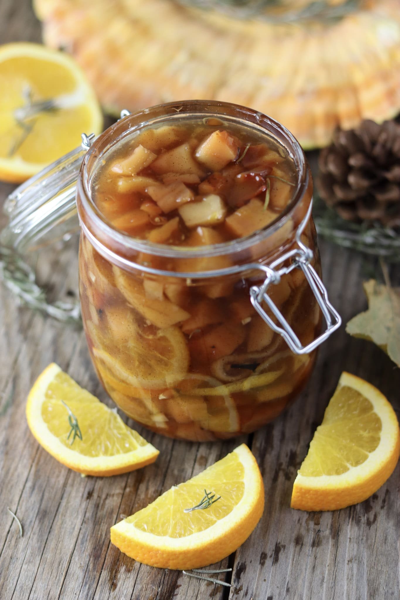 An open jar of preserved chicken of the woods mushroom dessert