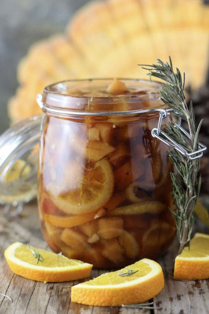 Chicken of the woods dessert preserve with oranges and rosemary