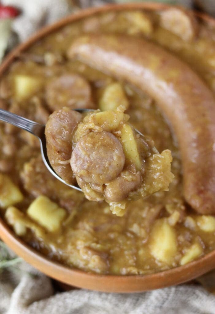 Spoonful of delicious Slovenian jota soup with pieces of carniolan sausage, saurkraut and potato cubes.