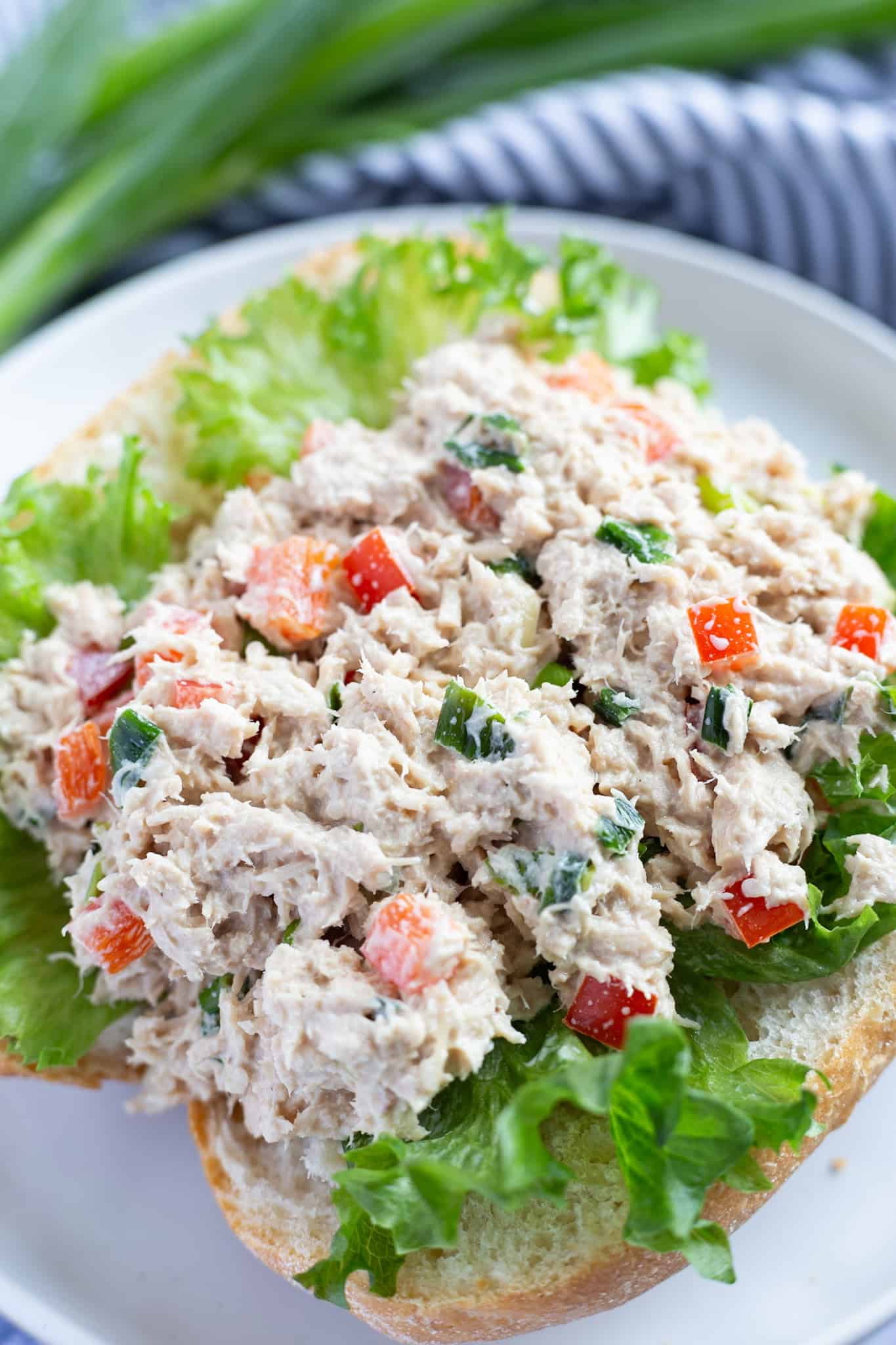 Easy Asian tuna salad recipe with scallions and bell pepper.