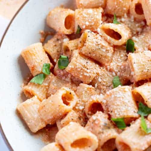 A bowl of creamy rigatoni with ricotta sauce.