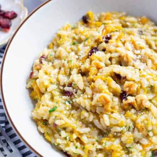 A bowl of creamy risotto with butternut squash.