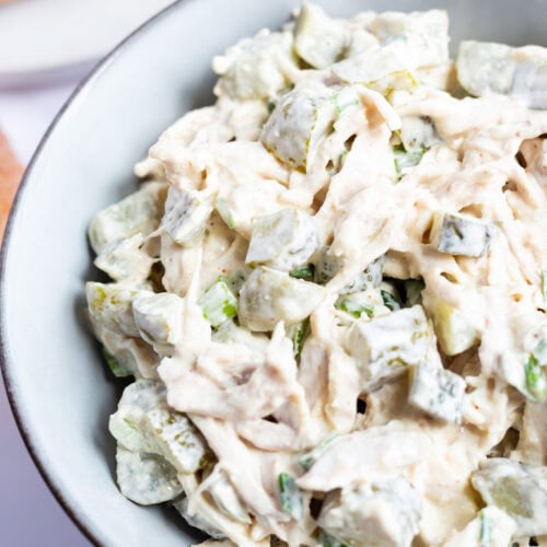 A bowl of creamy dill pickle chicken salad.