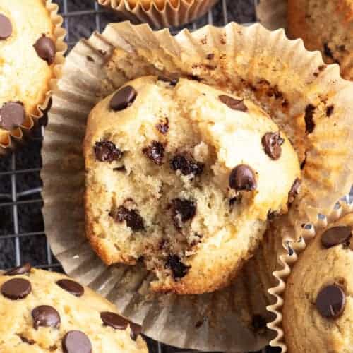 The interior of a bakery-style chocolate chip muffin.