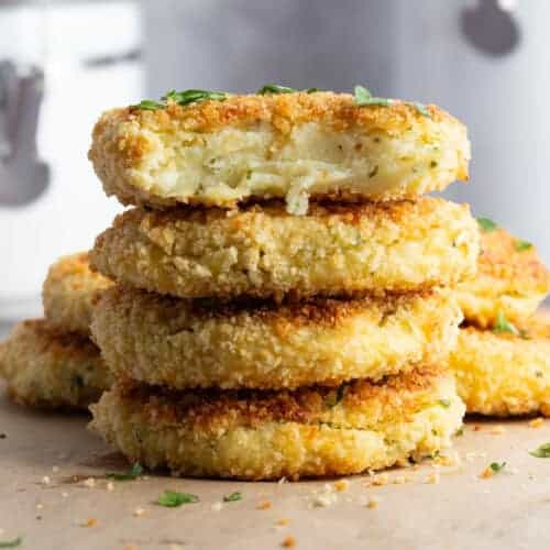 A stack of crispy baked Italian potato croquettes.