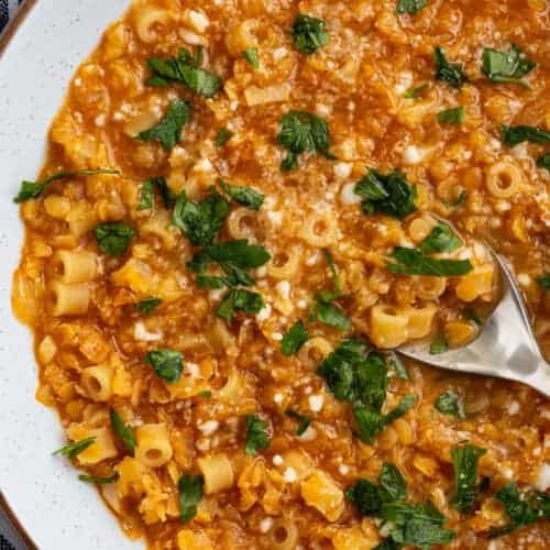 A bowl of comforting Italian lentil soup with pasta.