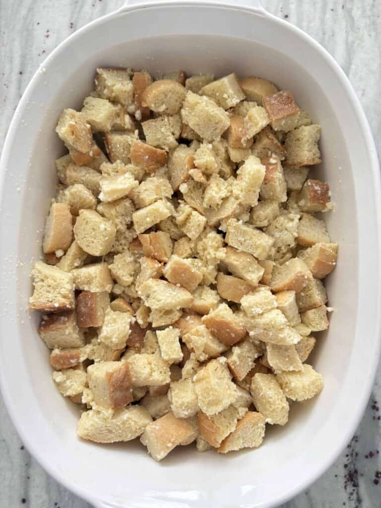 Bread cubes tossed with egg mixture.