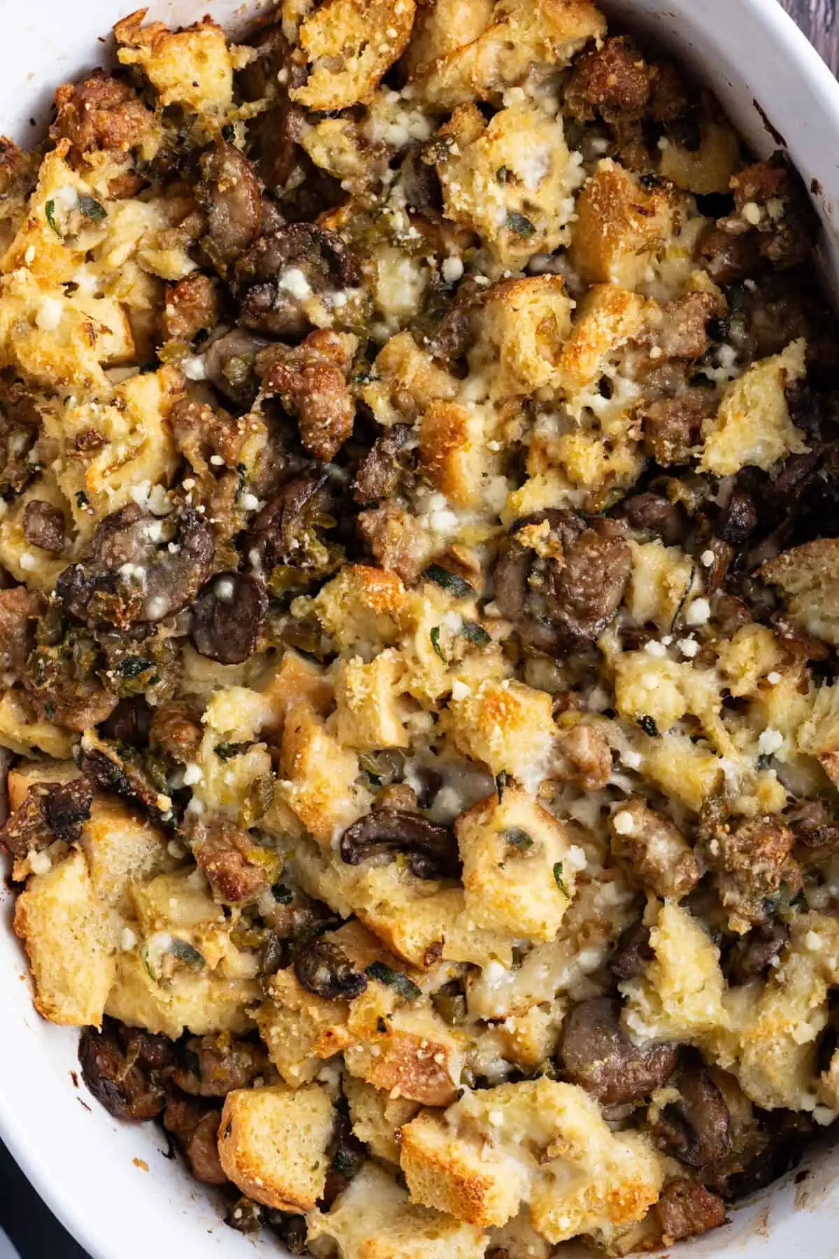 Stuffing with sweet Italian sausage, mushrooms, and Pecorino.