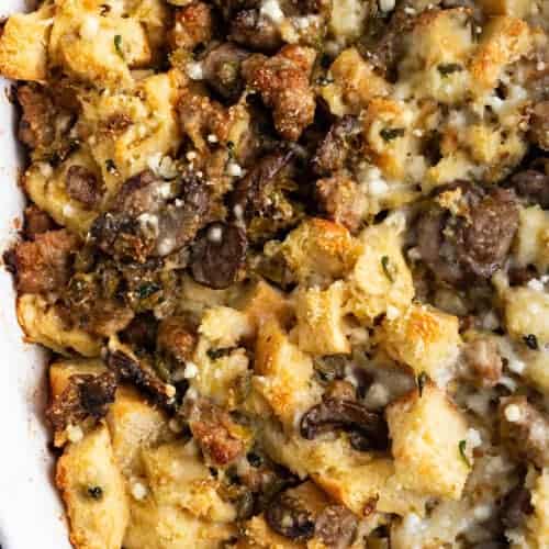 A dish of Italian sausage stuffing with leeks.