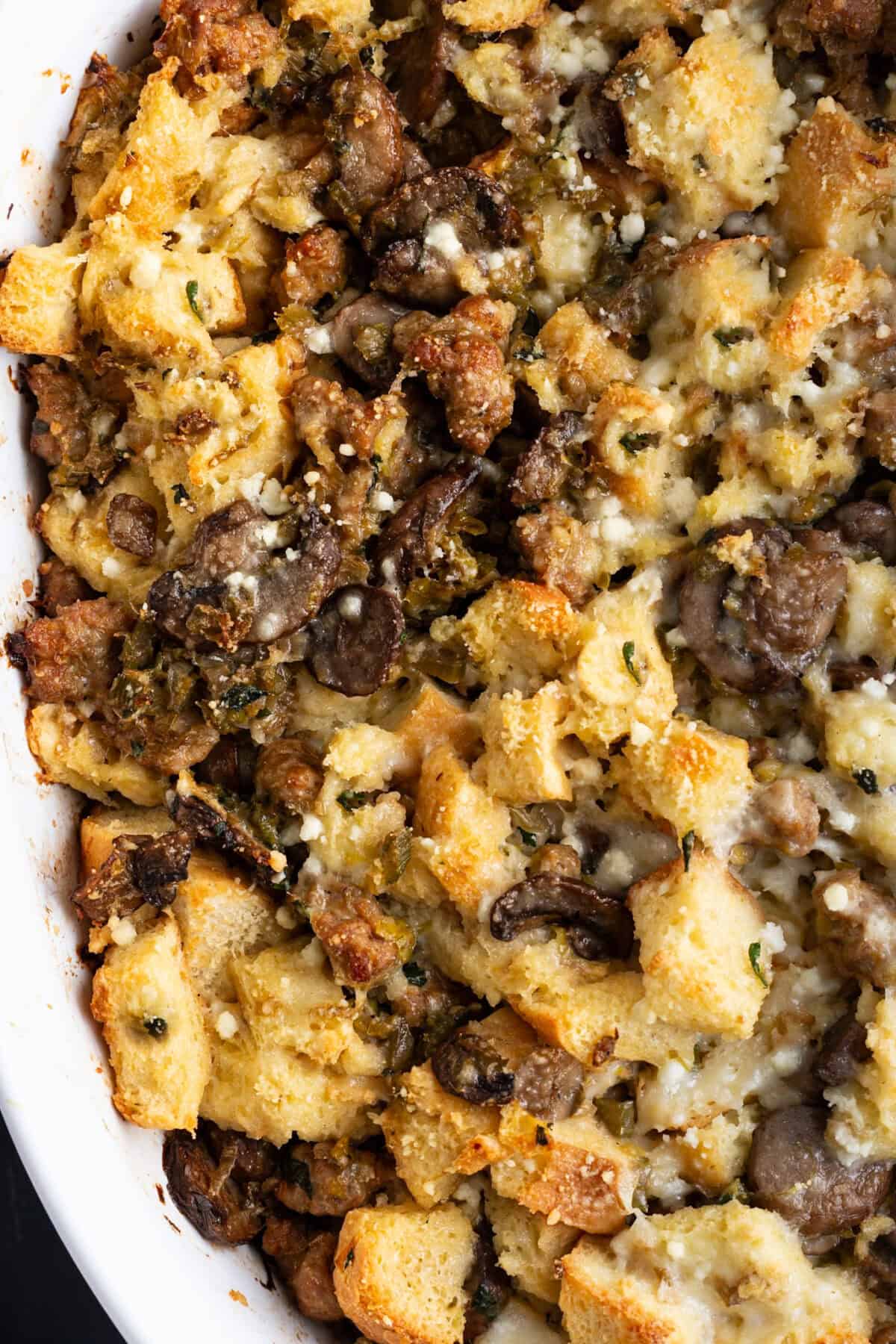 A dish of Italian sausage stuffing with leeks.