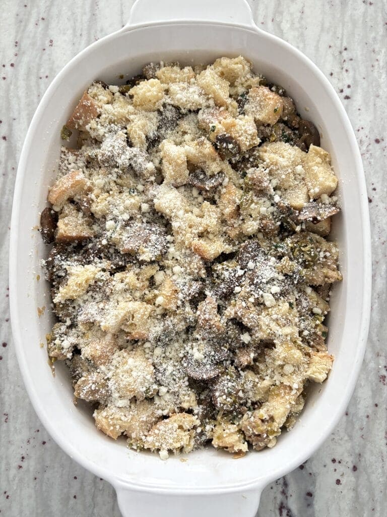 A casserole of stuffing about to go in the oven.