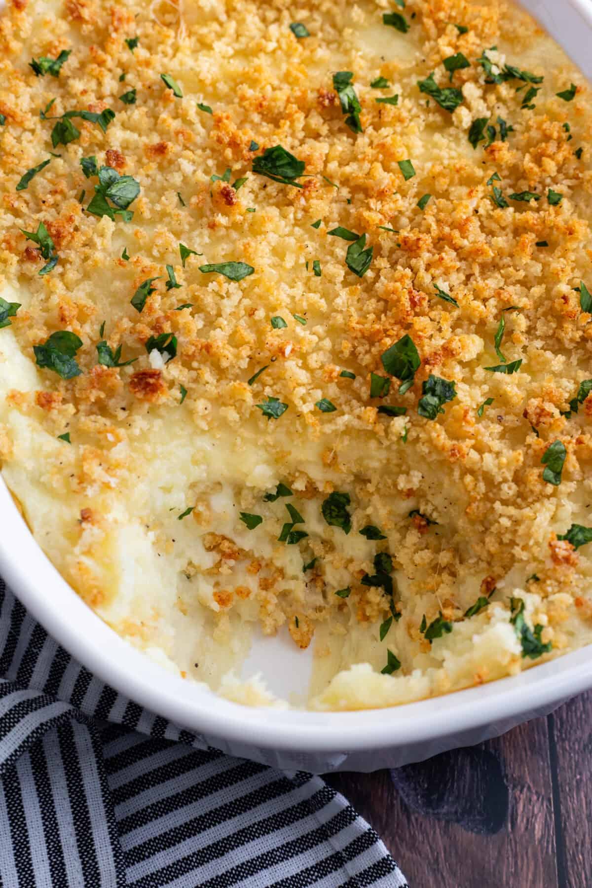 Italian baked mashed potatoes with a Panko topping.