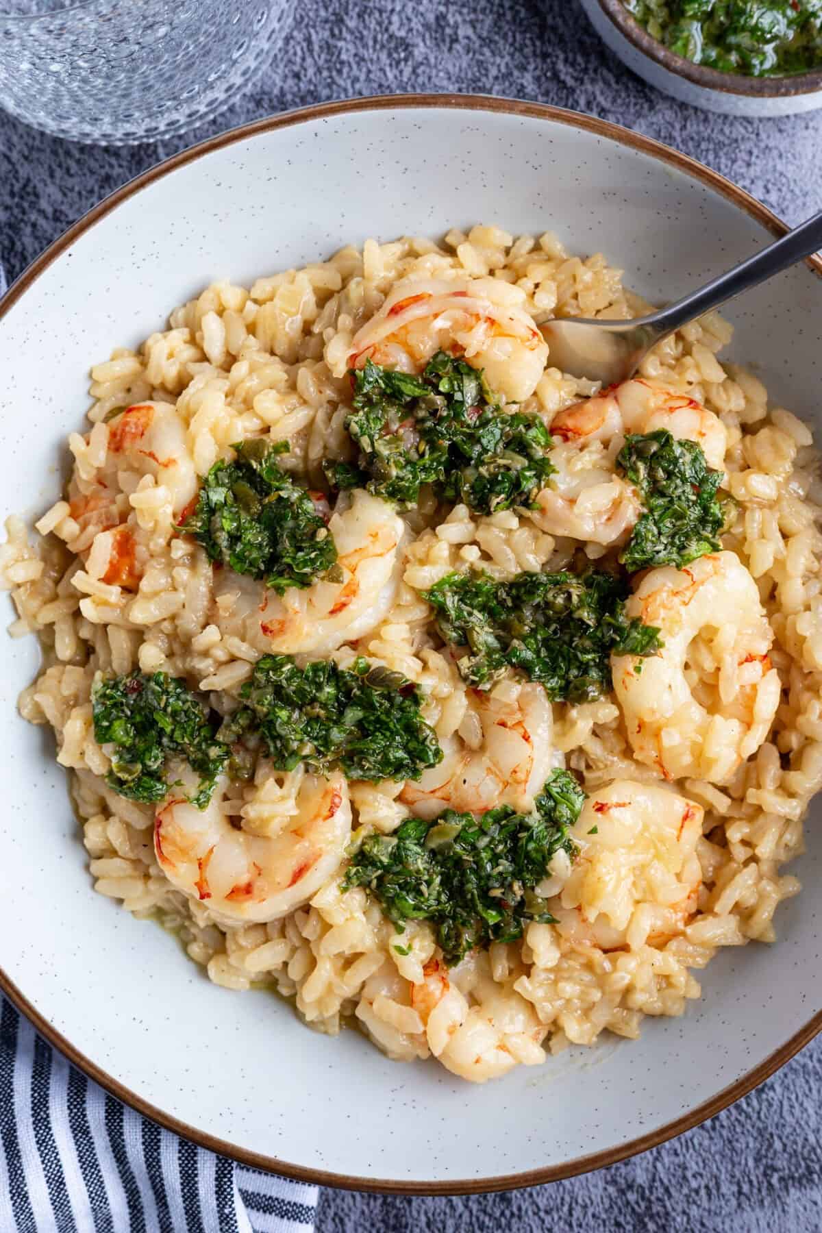A bowl of Italian-style shrimp and rice.