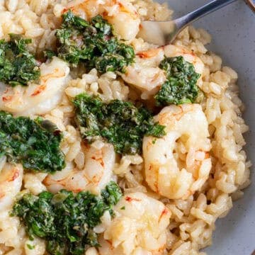 A bowl of Italian salsa verde shrimp and rice.