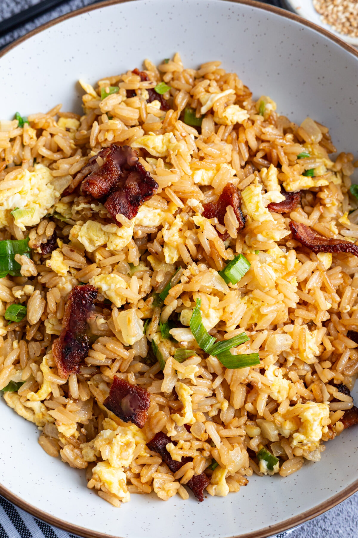 Bacon fried rice with egg.
