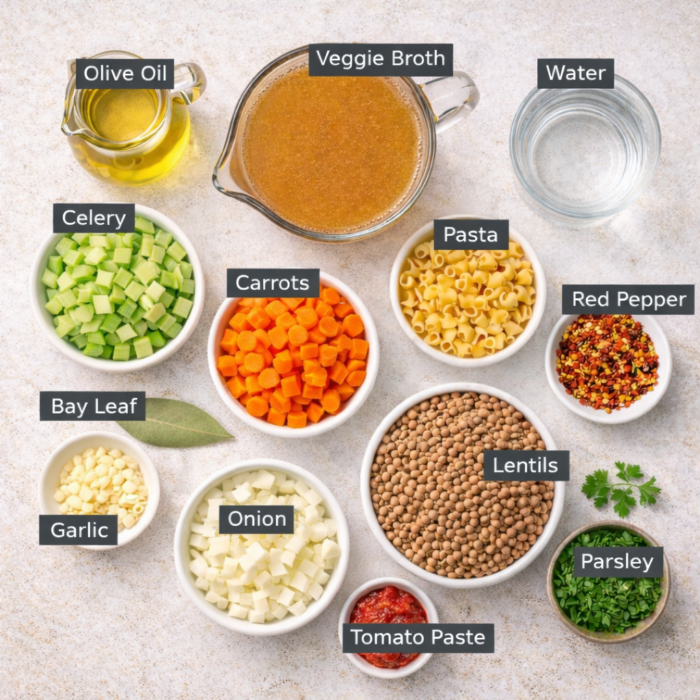 Ingredient images for lentil and ditalini soup.
