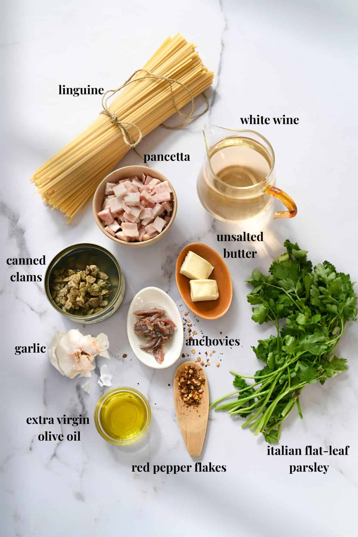 Ingredient images for pancetta pasta with canned clams.