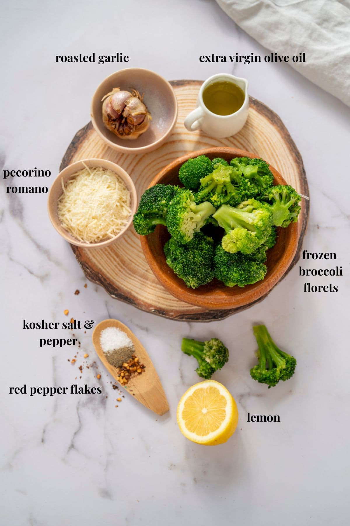 Ingredient images for sauteed broccoli with roasted garlic.