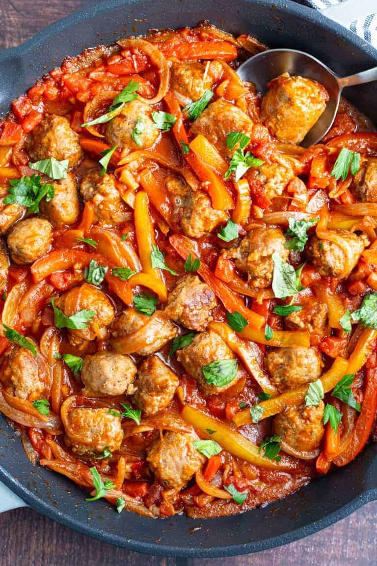 A pan of hearty Italian sausage and bell peppers.